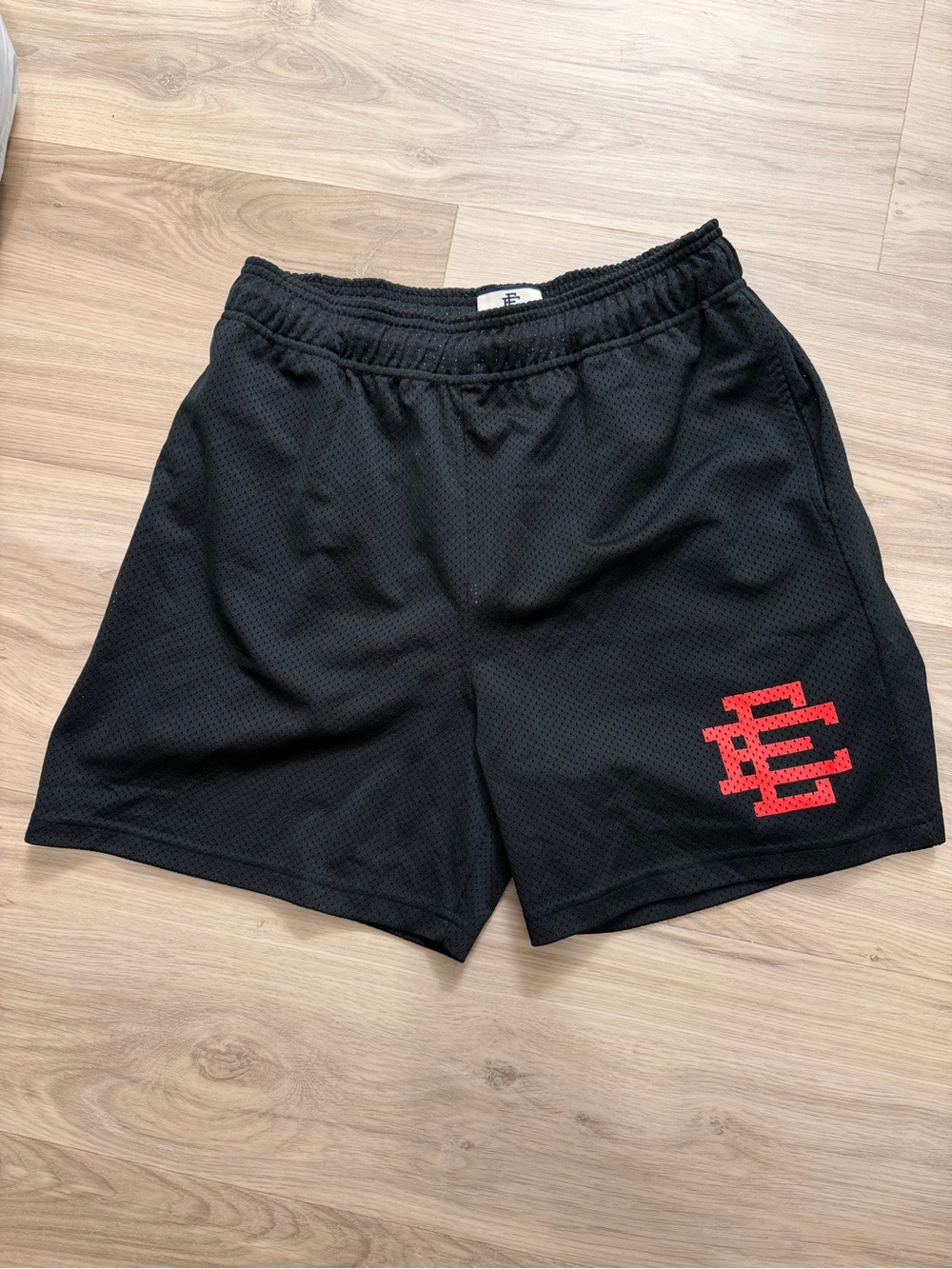 Eric Emanuel Men's Black Athletic Mesh Shorts with Red Logo